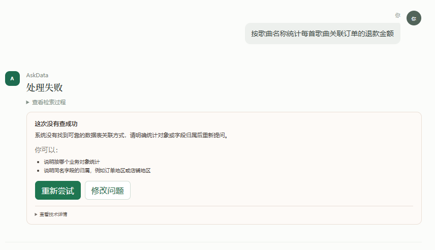 AskData 查询失败后说明原因并提供重新尝试和修改问题操作